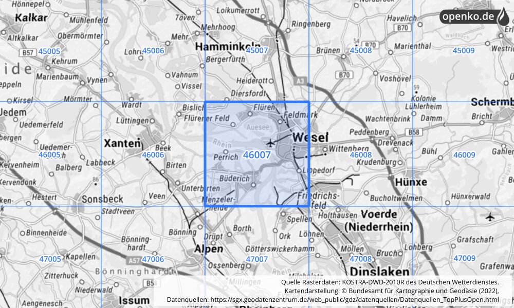 Übersichtskarte KOSTRA-DWD-2010R Rasterfeld Nr. 46007 mit angrenzenden Feldern