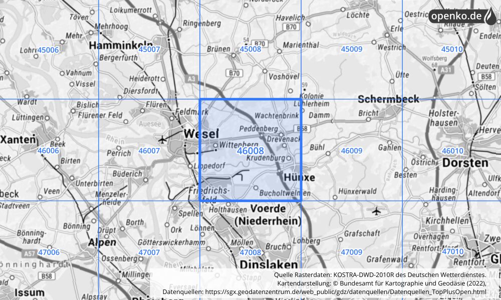 Übersichtskarte KOSTRA-DWD-2010R Rasterfeld Nr. 46008 mit angrenzenden Feldern