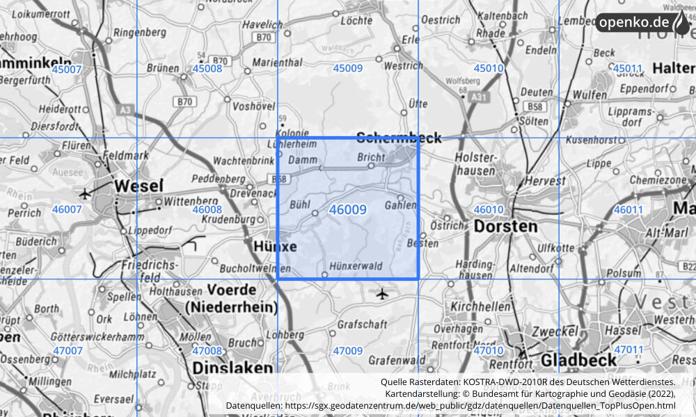 Übersichtskarte KOSTRA-DWD-2010R Rasterfeld Nr. 46009 mit angrenzenden Feldern