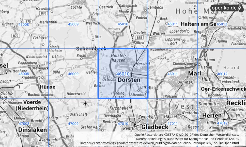 Übersichtskarte KOSTRA-DWD-2010R Rasterfeld Nr. 46010 mit angrenzenden Feldern