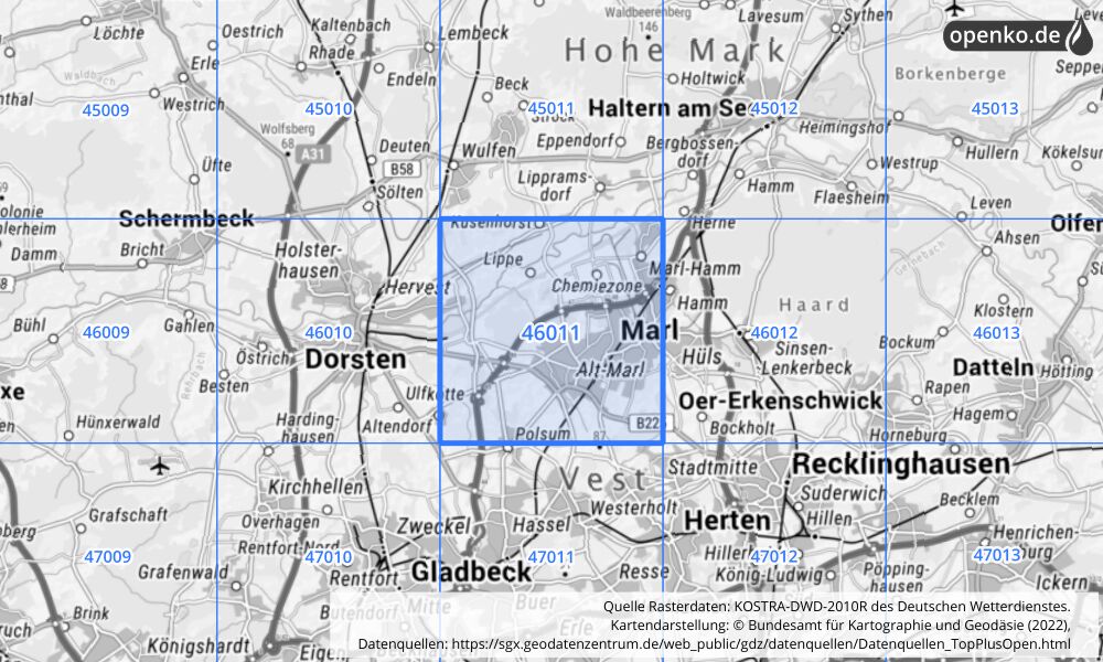 Übersichtskarte KOSTRA-DWD-2010R Rasterfeld Nr. 46011 mit angrenzenden Feldern