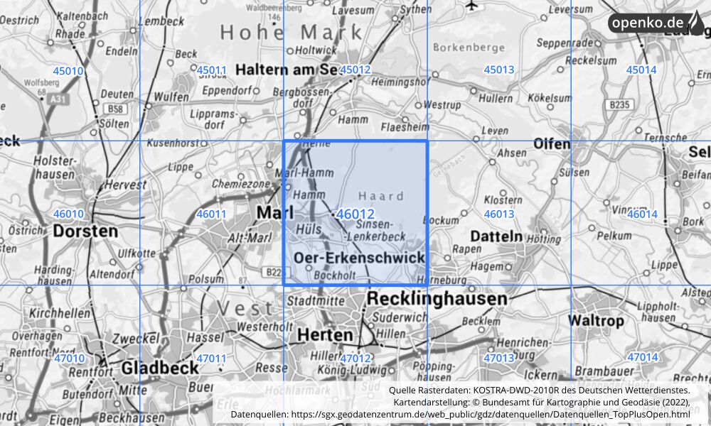 Übersichtskarte KOSTRA-DWD-2010R Rasterfeld Nr. 46012 mit angrenzenden Feldern