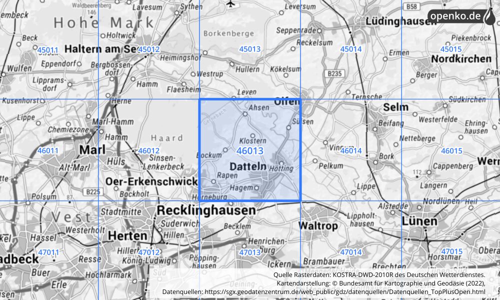 Übersichtskarte KOSTRA-DWD-2010R Rasterfeld Nr. 46013 mit angrenzenden Feldern