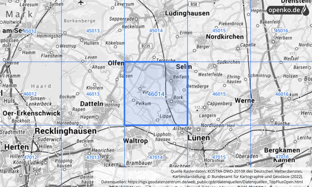 Übersichtskarte KOSTRA-DWD-2010R Rasterfeld Nr. 46014 mit angrenzenden Feldern