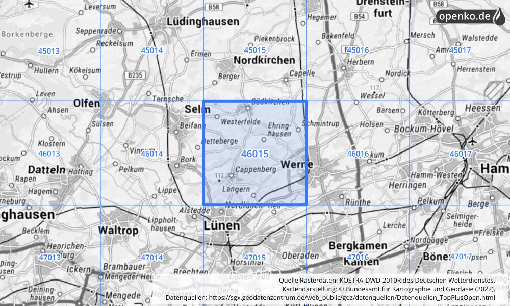 Übersichtskarte KOSTRA-DWD-2010R Rasterfeld Nr. 46015 mit angrenzenden Feldern