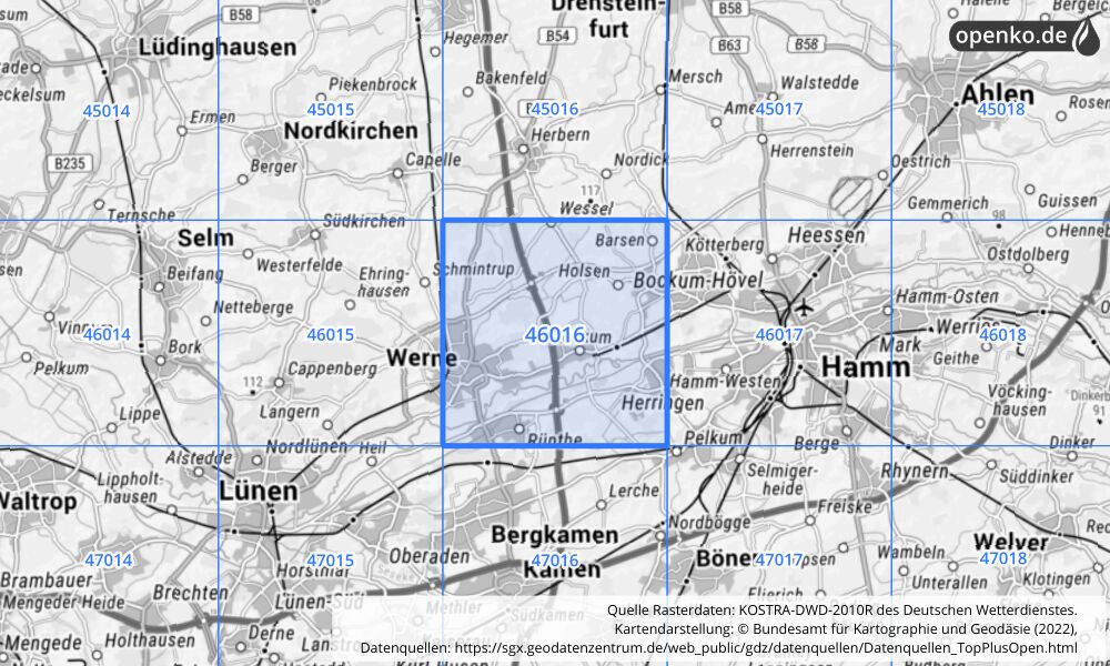 Übersichtskarte KOSTRA-DWD-2010R Rasterfeld Nr. 46016 mit angrenzenden Feldern