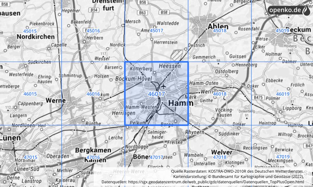 Übersichtskarte KOSTRA-DWD-2010R Rasterfeld Nr. 46017 mit angrenzenden Feldern