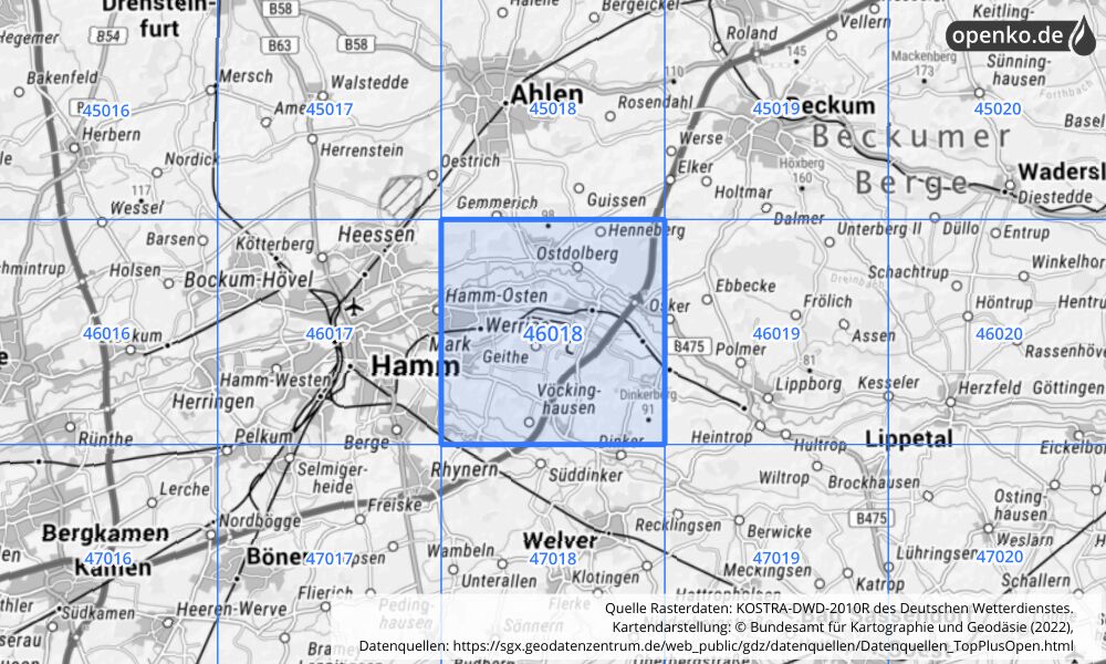 Übersichtskarte KOSTRA-DWD-2010R Rasterfeld Nr. 46018 mit angrenzenden Feldern
