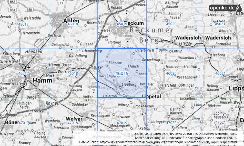 Übersichtskarte KOSTRA-DWD-2010R Rasterfeld Nr. 46019 mit angrenzenden Feldern