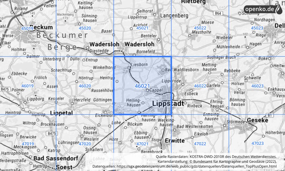 Übersichtskarte KOSTRA-DWD-2010R Rasterfeld Nr. 46021 mit angrenzenden Feldern