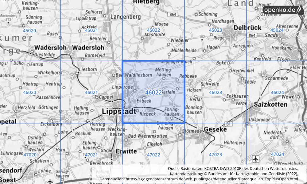 Übersichtskarte KOSTRA-DWD-2010R Rasterfeld Nr. 46022 mit angrenzenden Feldern