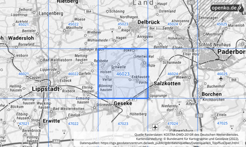 Übersichtskarte KOSTRA-DWD-2010R Rasterfeld Nr. 46023 mit angrenzenden Feldern