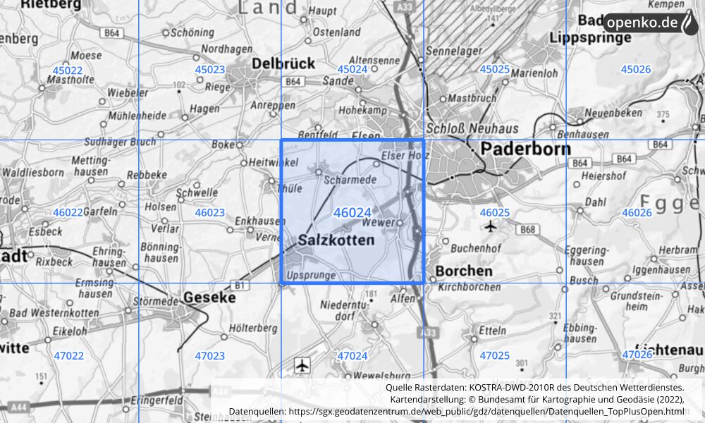Übersichtskarte KOSTRA-DWD-2010R Rasterfeld Nr. 46024 mit angrenzenden Feldern