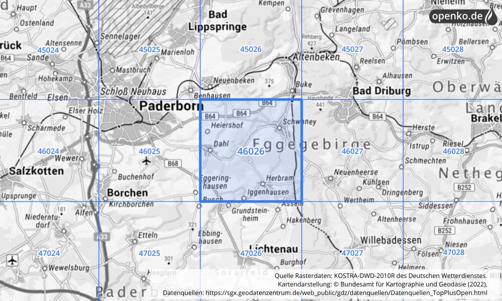 Übersichtskarte KOSTRA-DWD-2010R Rasterfeld Nr. 46026 mit angrenzenden Feldern