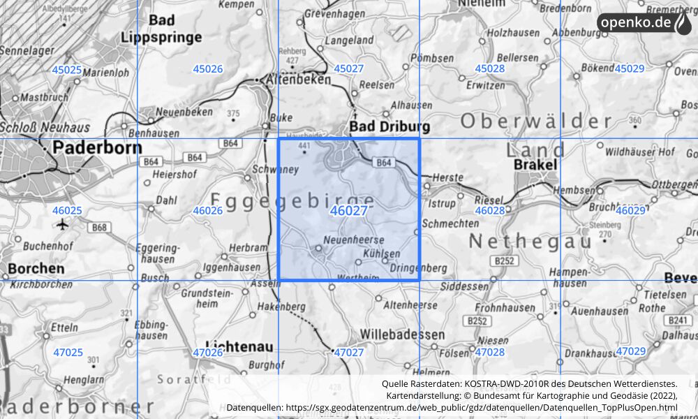 Übersichtskarte KOSTRA-DWD-2010R Rasterfeld Nr. 46027 mit angrenzenden Feldern