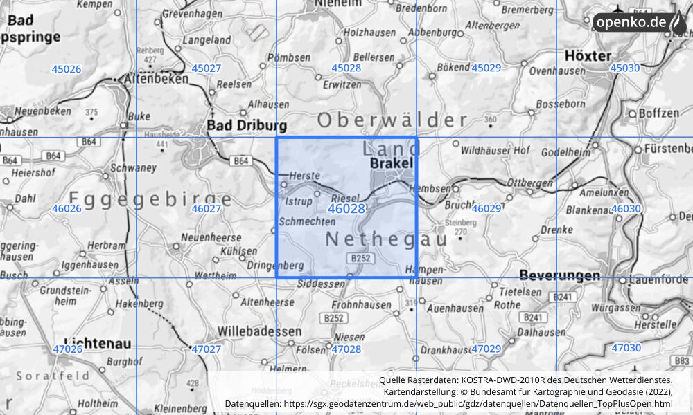 Übersichtskarte KOSTRA-DWD-2010R Rasterfeld Nr. 46028 mit angrenzenden Feldern