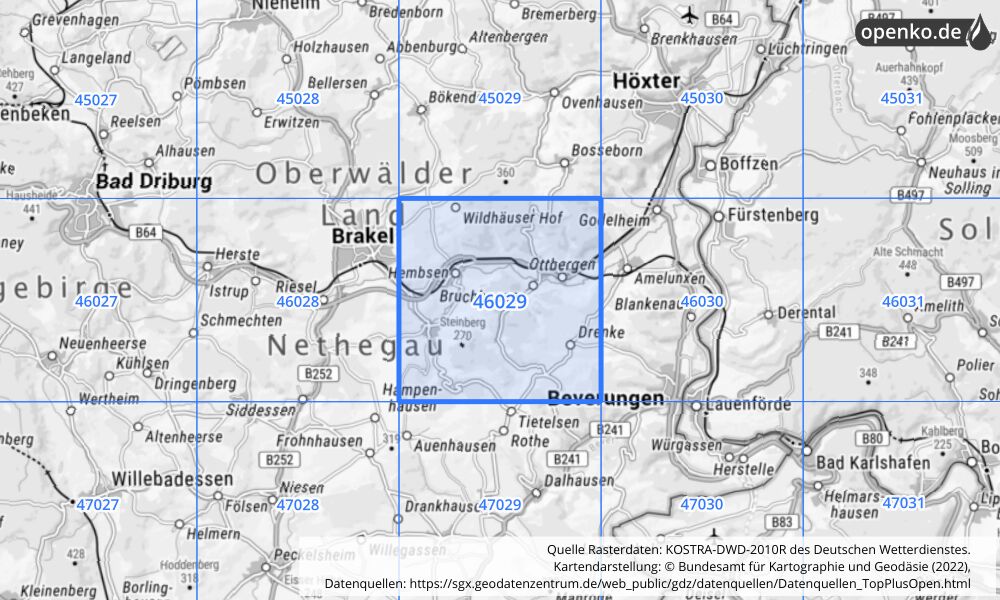 Übersichtskarte KOSTRA-DWD-2010R Rasterfeld Nr. 46029 mit angrenzenden Feldern