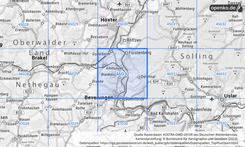 Übersichtskarte KOSTRA-DWD-2010R Rasterfeld Nr. 46030 mit angrenzenden Feldern