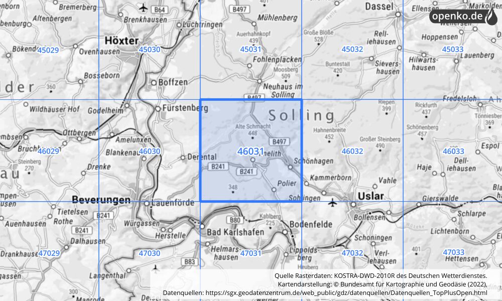 Übersichtskarte KOSTRA-DWD-2010R Rasterfeld Nr. 46031 mit angrenzenden Feldern