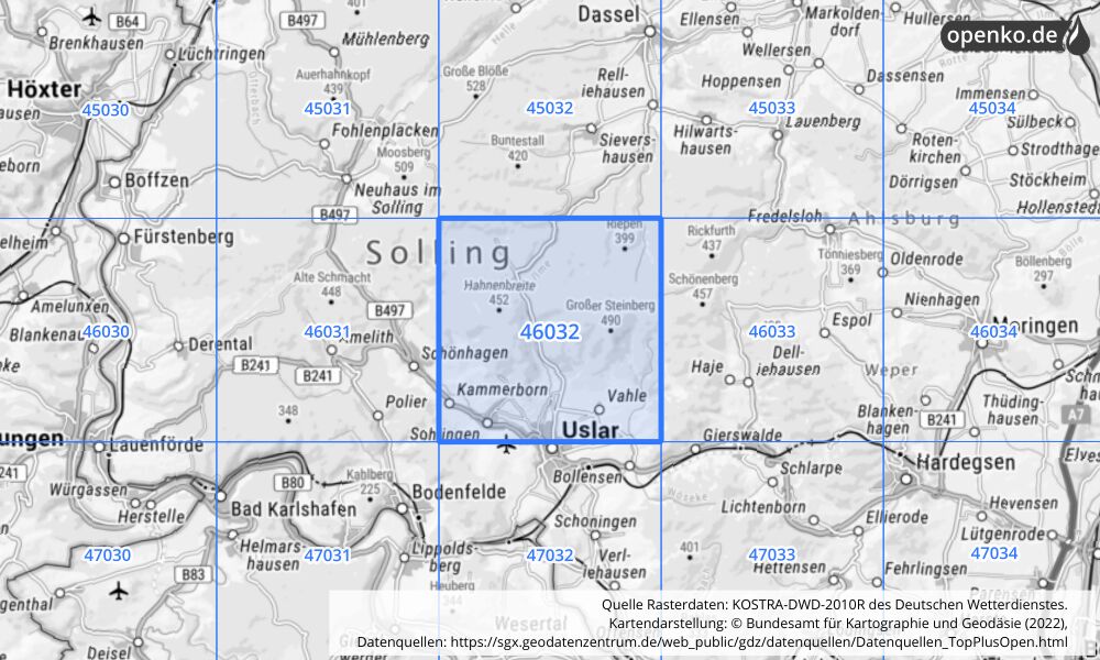 Übersichtskarte KOSTRA-DWD-2010R Rasterfeld Nr. 46032 mit angrenzenden Feldern