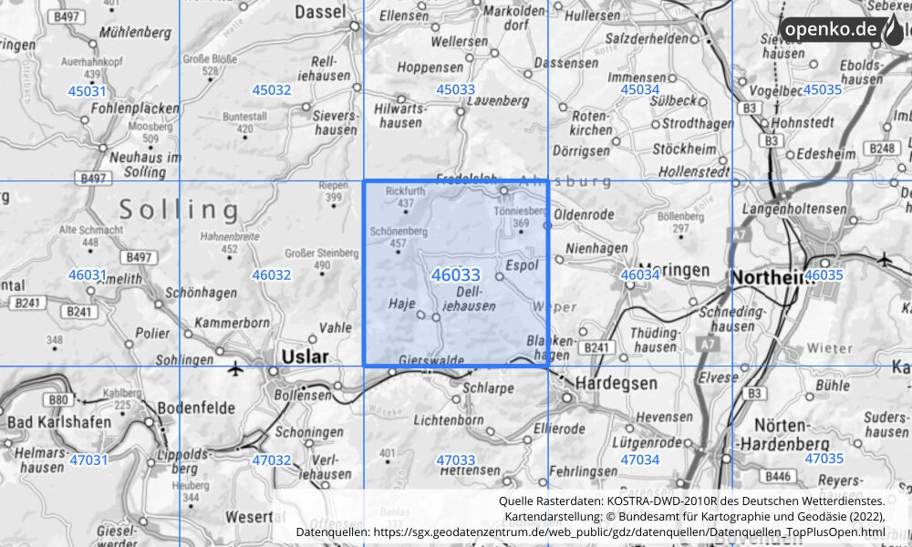 Übersichtskarte KOSTRA-DWD-2010R Rasterfeld Nr. 46033 mit angrenzenden Feldern