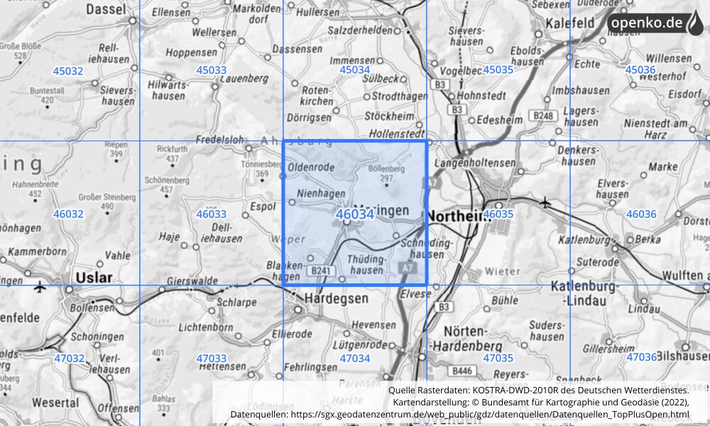 Übersichtskarte KOSTRA-DWD-2010R Rasterfeld Nr. 46034 mit angrenzenden Feldern