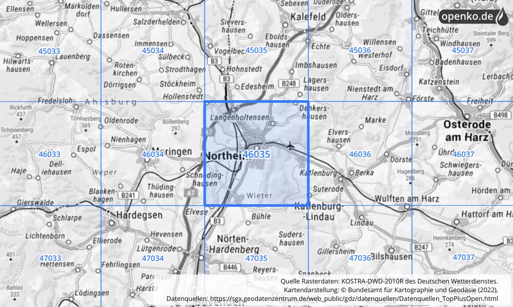 Übersichtskarte KOSTRA-DWD-2010R Rasterfeld Nr. 46035 mit angrenzenden Feldern