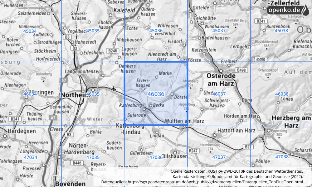 Übersichtskarte KOSTRA-DWD-2010R Rasterfeld Nr. 46036 mit angrenzenden Feldern