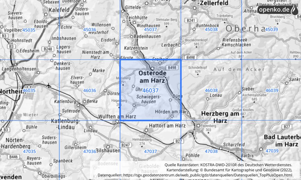 Übersichtskarte KOSTRA-DWD-2010R Rasterfeld Nr. 46037 mit angrenzenden Feldern