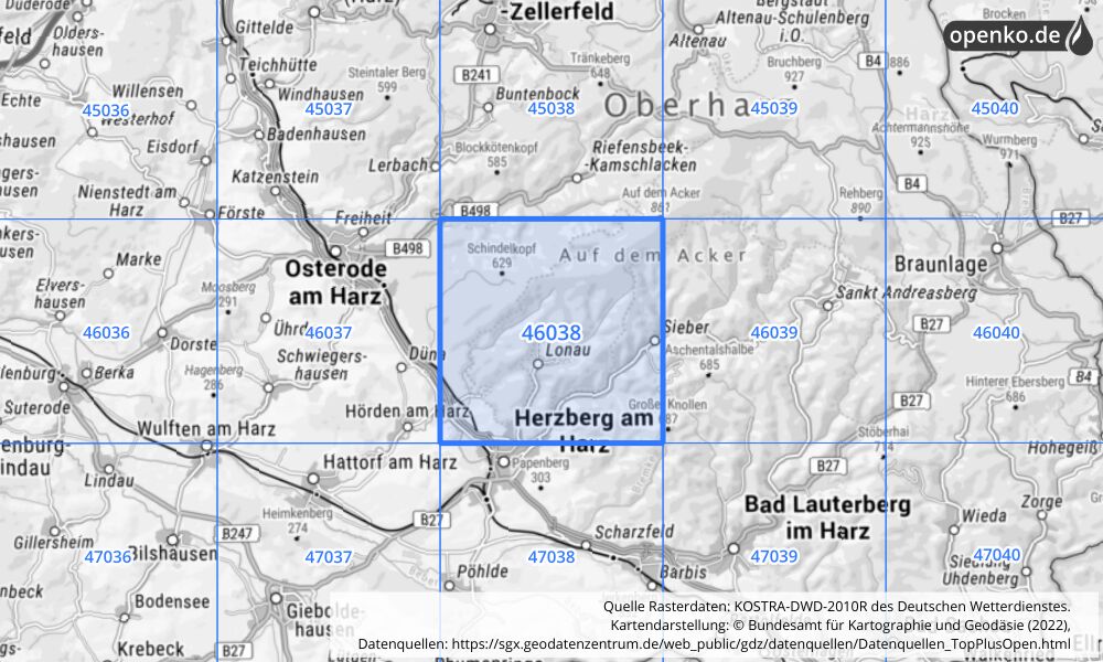 Übersichtskarte KOSTRA-DWD-2010R Rasterfeld Nr. 46038 mit angrenzenden Feldern