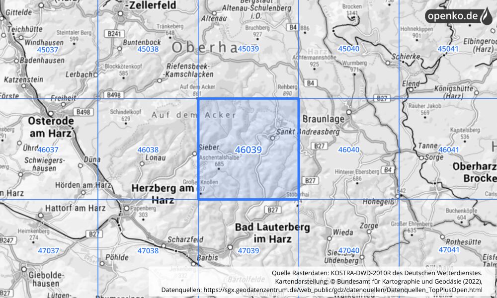 Übersichtskarte KOSTRA-DWD-2010R Rasterfeld Nr. 46039 mit angrenzenden Feldern