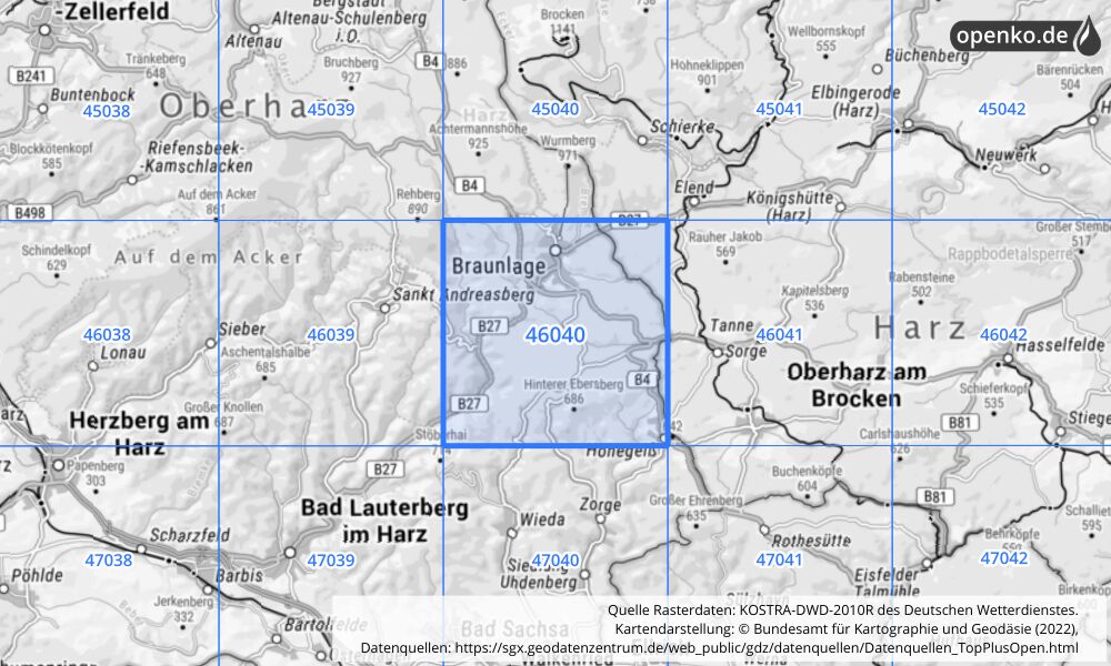 Übersichtskarte KOSTRA-DWD-2010R Rasterfeld Nr. 46040 mit angrenzenden Feldern