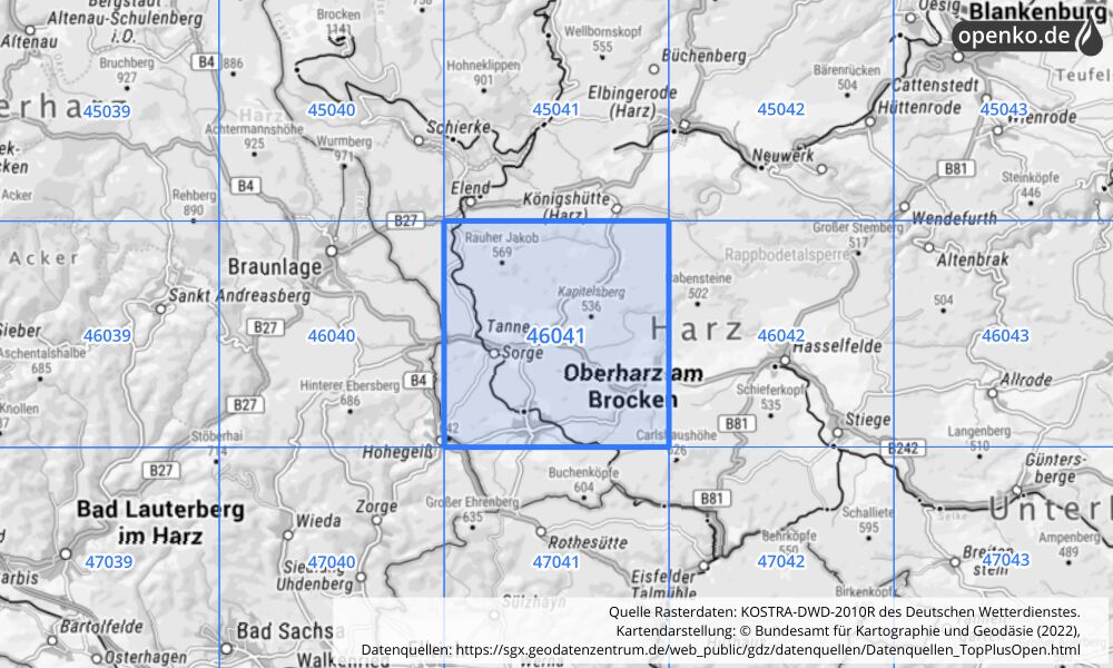 Übersichtskarte KOSTRA-DWD-2010R Rasterfeld Nr. 46041 mit angrenzenden Feldern