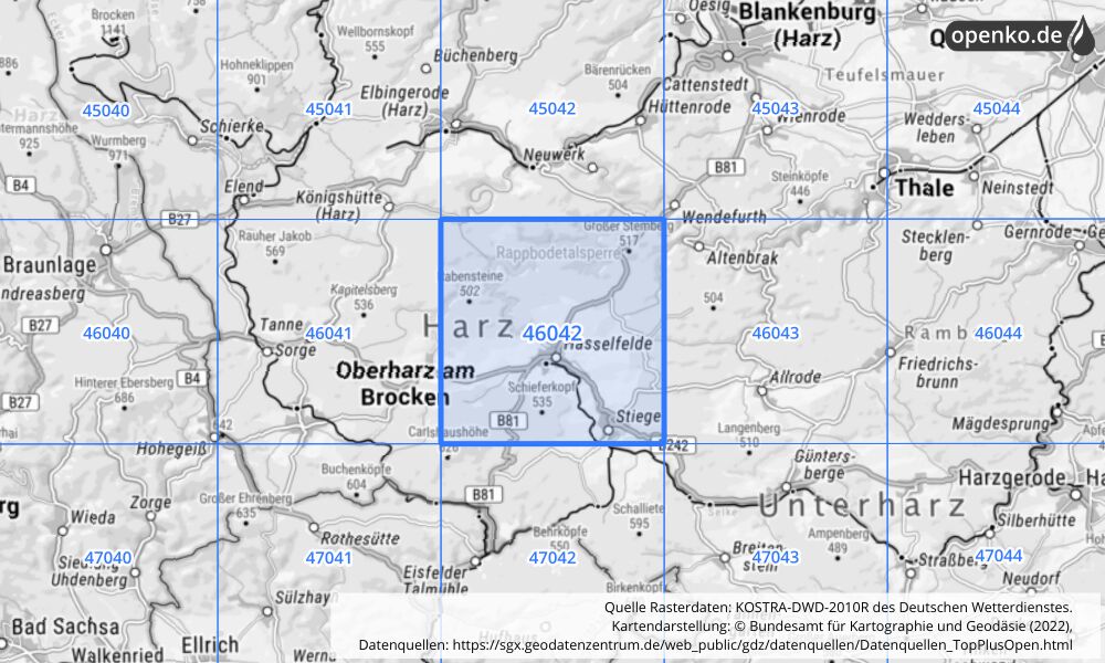 Übersichtskarte KOSTRA-DWD-2010R Rasterfeld Nr. 46042 mit angrenzenden Feldern