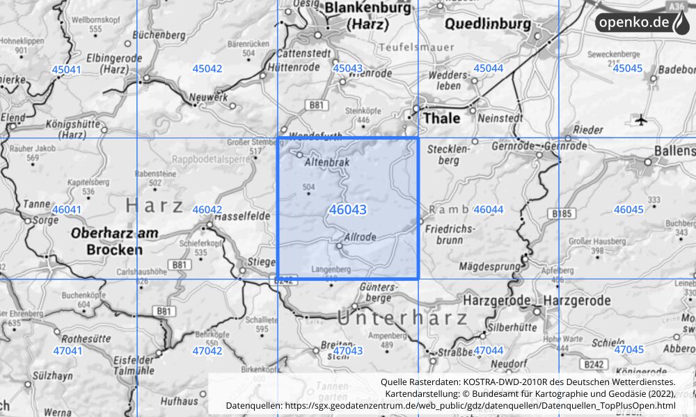 Übersichtskarte KOSTRA-DWD-2010R Rasterfeld Nr. 46043 mit angrenzenden Feldern