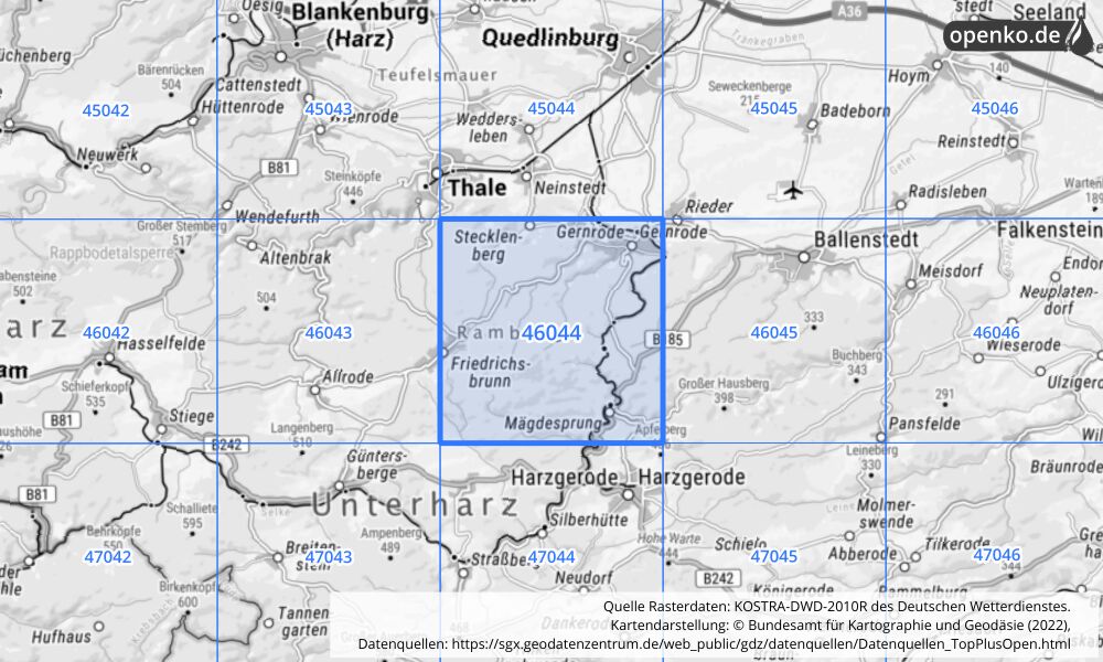 Übersichtskarte KOSTRA-DWD-2010R Rasterfeld Nr. 46044 mit angrenzenden Feldern