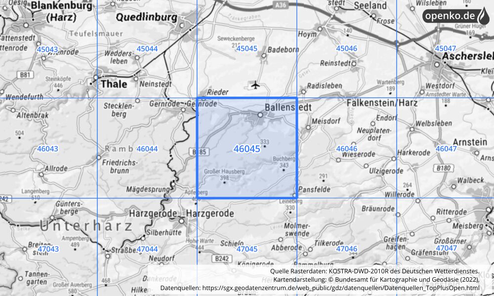 Übersichtskarte KOSTRA-DWD-2010R Rasterfeld Nr. 46045 mit angrenzenden Feldern