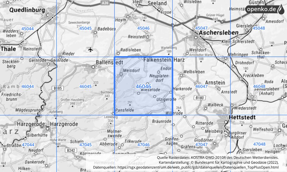 Übersichtskarte KOSTRA-DWD-2010R Rasterfeld Nr. 46046 mit angrenzenden Feldern