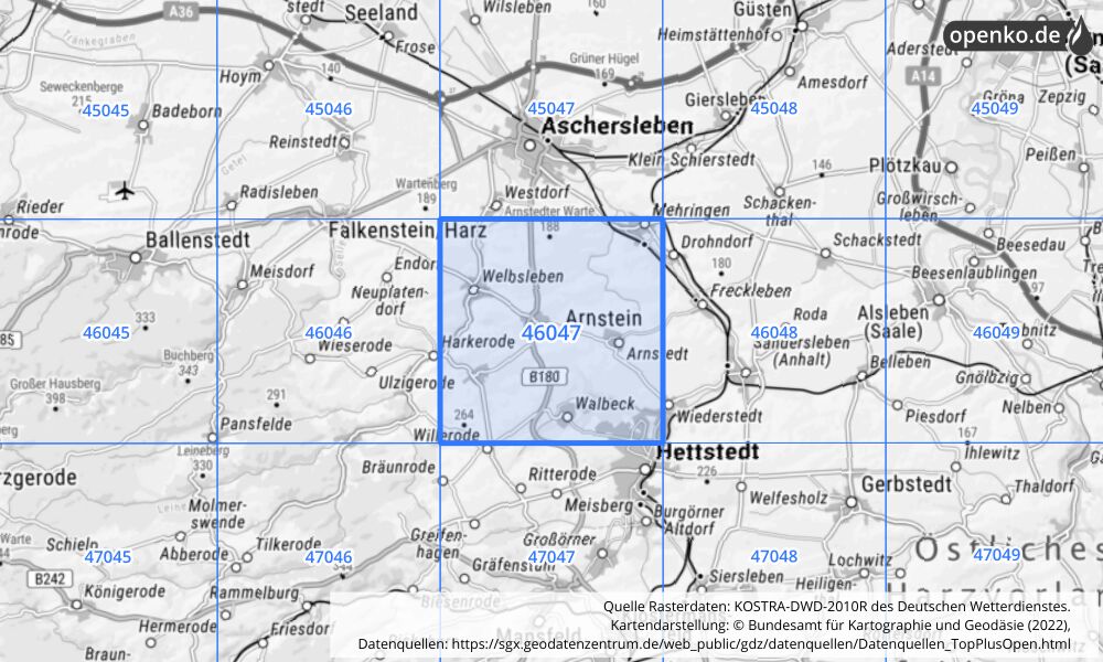 Übersichtskarte KOSTRA-DWD-2010R Rasterfeld Nr. 46047 mit angrenzenden Feldern