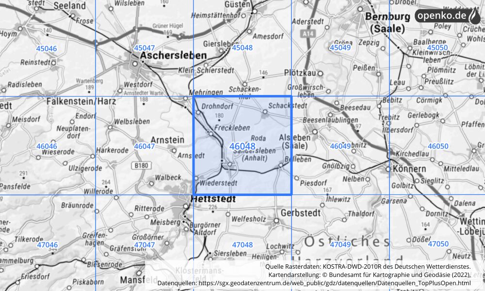 Übersichtskarte KOSTRA-DWD-2010R Rasterfeld Nr. 46048 mit angrenzenden Feldern