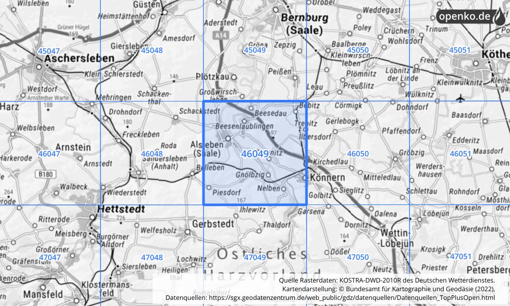 Übersichtskarte KOSTRA-DWD-2010R Rasterfeld Nr. 46049 mit angrenzenden Feldern