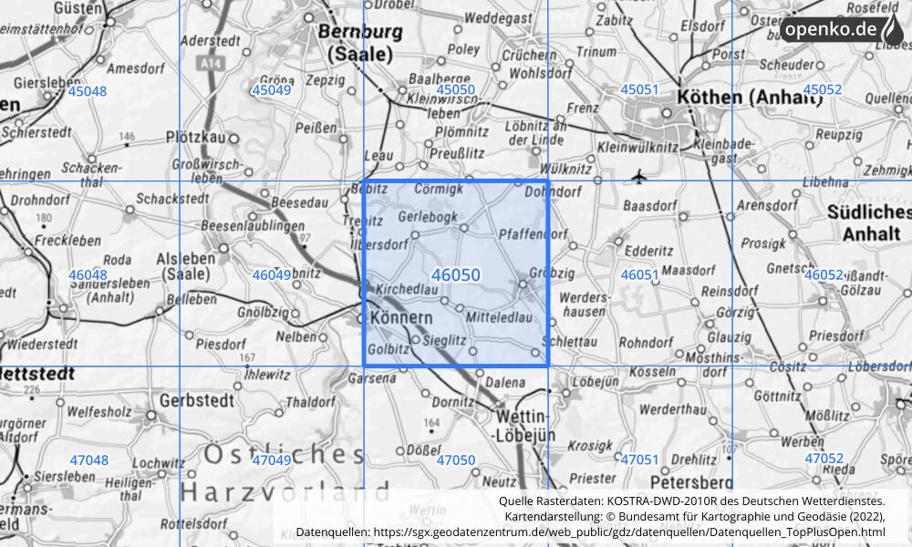 Übersichtskarte KOSTRA-DWD-2010R Rasterfeld Nr. 46050 mit angrenzenden Feldern