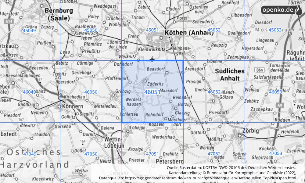 Übersichtskarte KOSTRA-DWD-2010R Rasterfeld Nr. 46051 mit angrenzenden Feldern