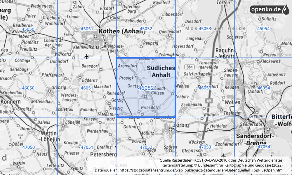 Übersichtskarte KOSTRA-DWD-2010R Rasterfeld Nr. 46052 mit angrenzenden Feldern