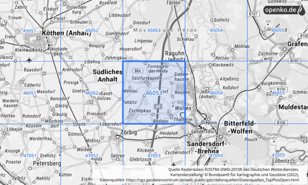 Übersichtskarte KOSTRA-DWD-2010R Rasterfeld Nr. 46053 mit angrenzenden Feldern