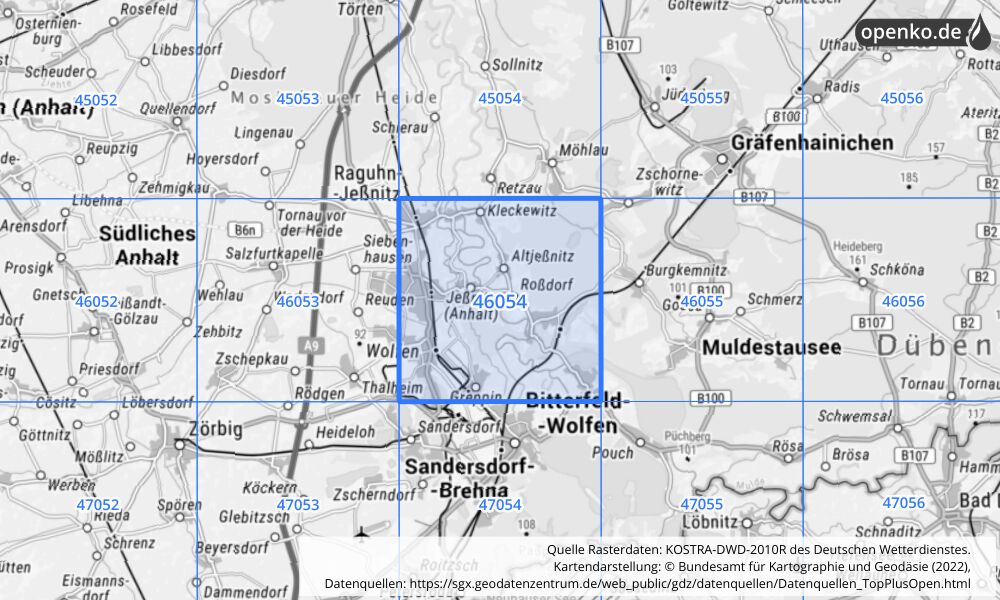 Übersichtskarte KOSTRA-DWD-2010R Rasterfeld Nr. 46054 mit angrenzenden Feldern