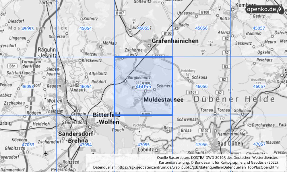 Übersichtskarte KOSTRA-DWD-2010R Rasterfeld Nr. 46055 mit angrenzenden Feldern