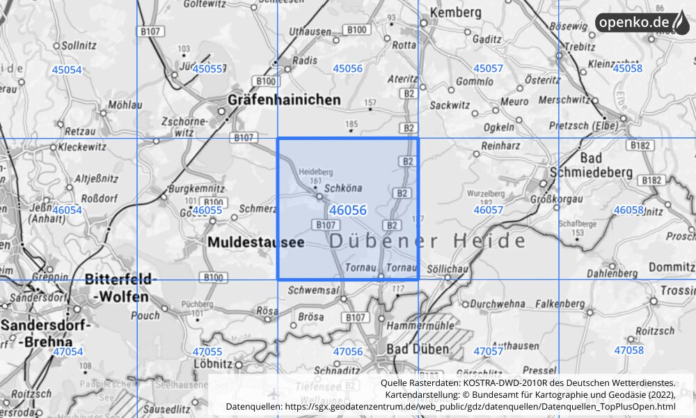 Übersichtskarte KOSTRA-DWD-2010R Rasterfeld Nr. 46056 mit angrenzenden Feldern