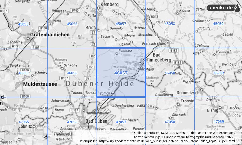 Übersichtskarte KOSTRA-DWD-2010R Rasterfeld Nr. 46057 mit angrenzenden Feldern