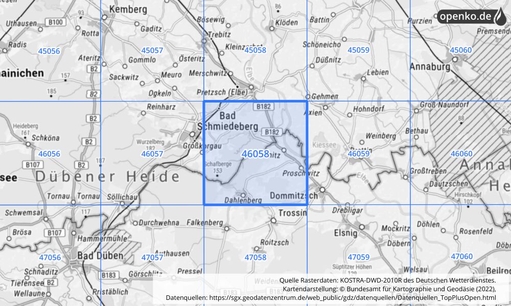 Übersichtskarte KOSTRA-DWD-2010R Rasterfeld Nr. 46058 mit angrenzenden Feldern